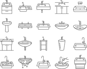 sink porcelain drain faucet icons set vector
