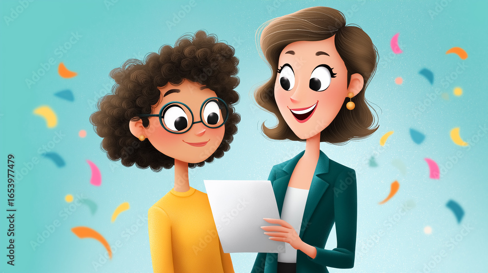 Poster student enthusiastically shares report card with teacher in a cheerful setting filled with colorful 