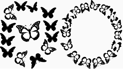 Obraz premium Illustration featuring a collection of black and white butterflies arranged in a circular pattern design silhouette