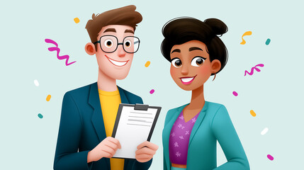 Student shows report card to teacher with a smile, bright colors and celebratory confetti in the background. Cheerful classroom setting, promoting education and academic achievement