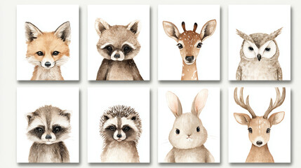 Obraz premium Cute fox raccoon deer owl bunny and stag animal portraits with white background watercolor style soft and gentle expression