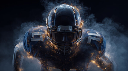 American football player helmet uniform intense smoke glowing dark background action strength energy determination. powerful athlete glowing