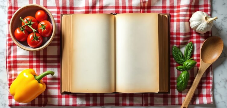 Overhead view of open antique cookbook next to fresh tomatoes, yellow bell pepper, basil, garlic, wooden spoon. Set on red, white checkered tablecloth, rustic scene invites culinary inspiration,