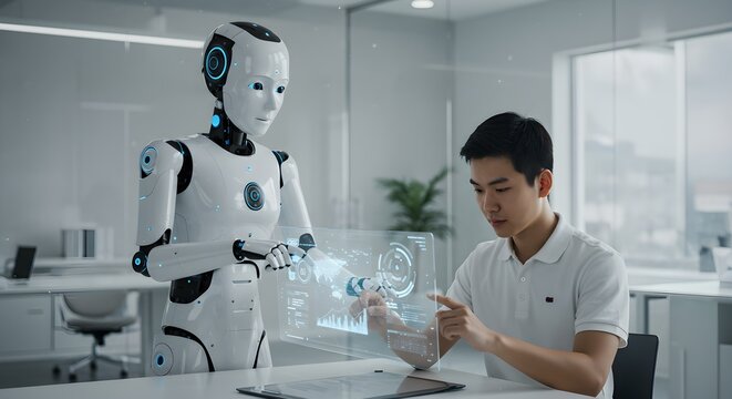 A man and a humanoid robot interact with a futuristic holographic interface in a modern office environment - Powered by Adobe