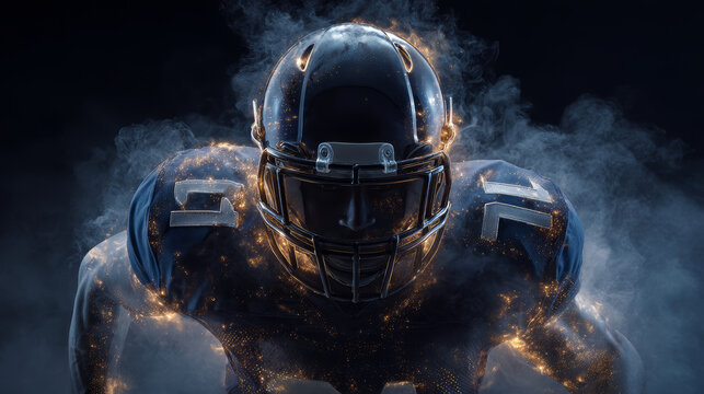 American football player helmet uniform intense smoke glowing dark background action strength energy determination. powerful athlete glowing