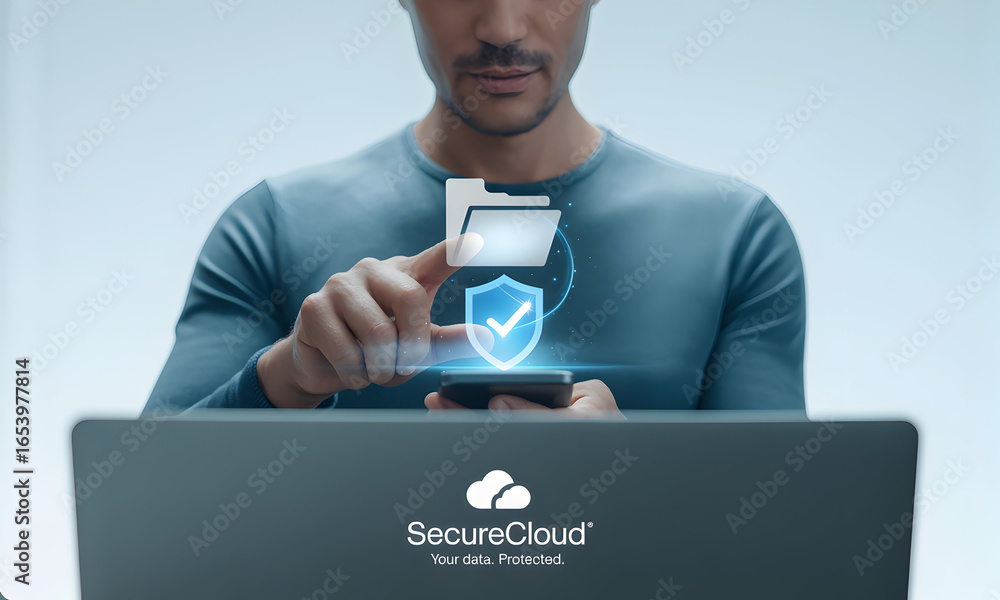 Poster person interacting with a digital interface, illustrating concepts of data security, internet protec