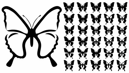 Illustration featuring a large butterfly outline with smaller butterflies arranged in a grid pattern silhouette