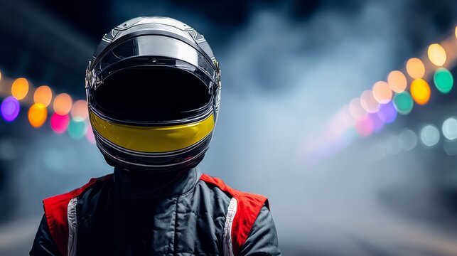 Man wearing a racing helmet stands in front of a track. Concept of speed and excitement, as the man is likely a race car driver preparing for a race