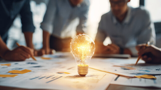 Light bulb teamwork brainstorming innovation creativity business meeting idea planning office concept collaboration glowing inspiration group