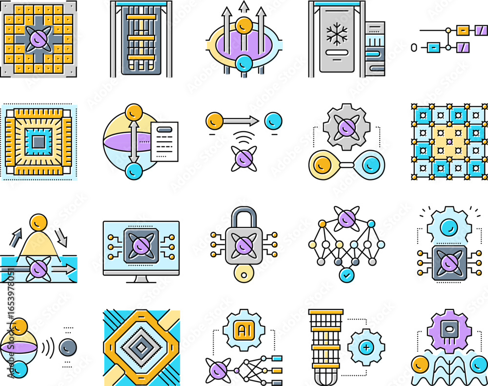 Aufkleber quantum computer qubit icons set vector