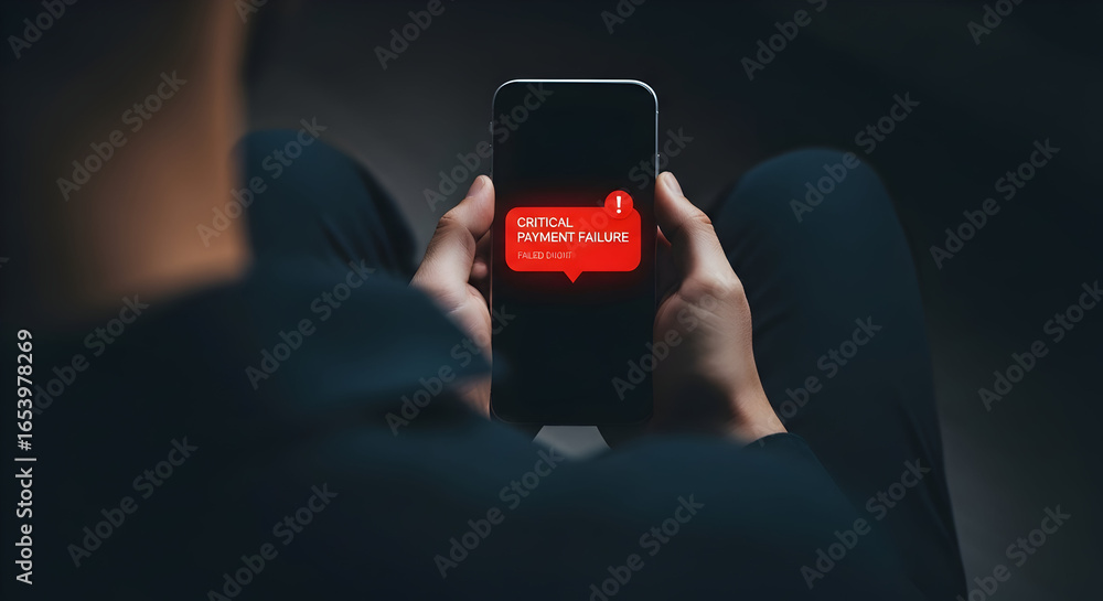 Poster close-up of a person's hands holding a smartphone with a red error message displayed on the screen, 