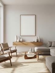 Mockup poster frame in modern minimalist living room interior with wooden accents and neutral palette