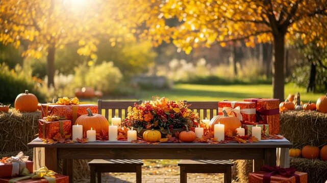 Festive outdoor autumn scene with a decorated table, pumpkins, lit candles, and presents in a sunlit park.