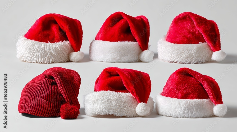 Poster row of six red and white santa hats are lined up next to each other. the hats are all different size