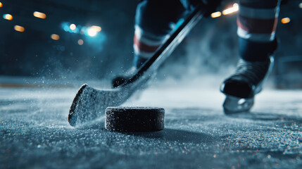 Ice hockey stick puck player ice action sport competition dynamic winter athlete intense moment