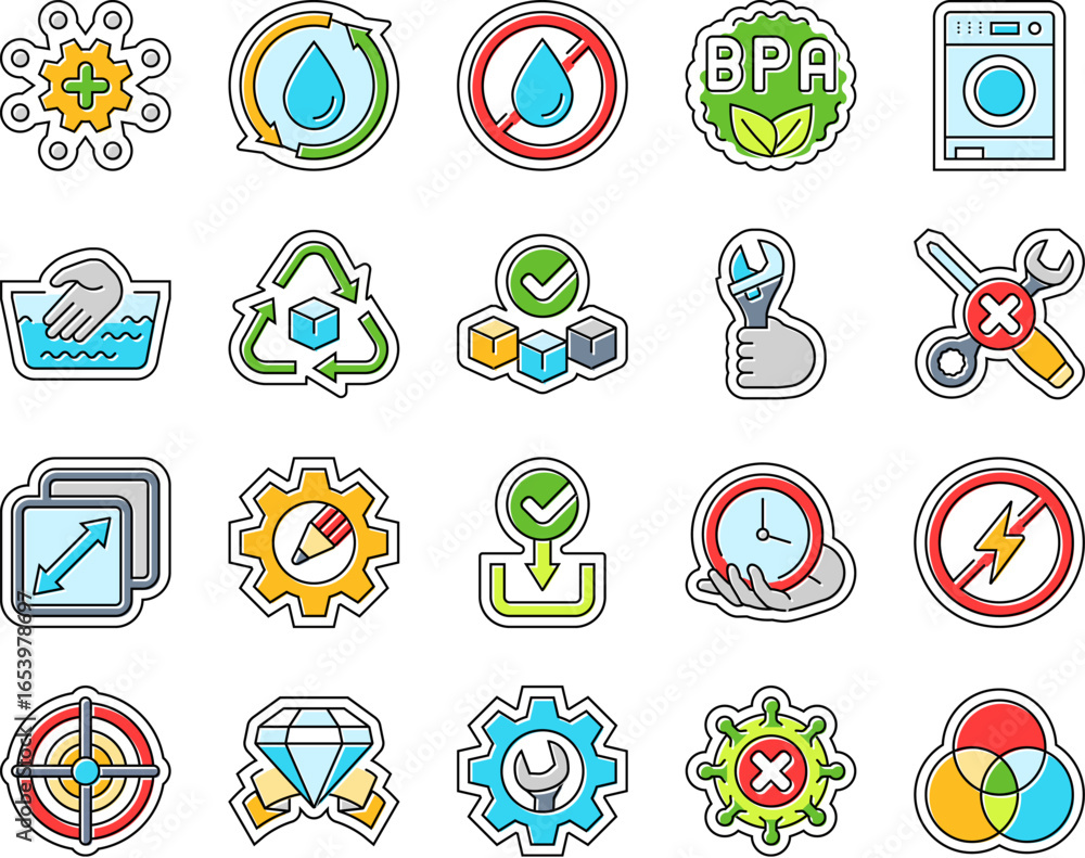 Aufkleber functionality features product icons set vector