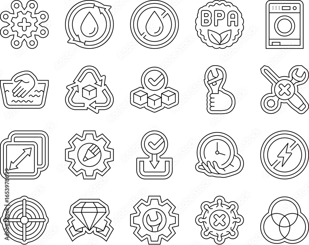 Aufkleber functionality features product icons set vector