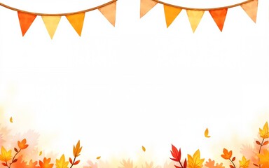 Garland seamless border in autumn orange and yellow colors for harvest festival greeting cards or Halloween invitations. Watercolor illustration with triangle pennant. Pattern with bunting for banner.