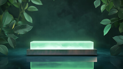 A rectangular podium with a mirrored base and illuminated top in soft green. The background is a dark gradient with abstract leaf patterns, adding a natural touch. 