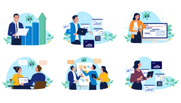 Collection of business and office illustrations showcasing professional people working on laptops, analysing data, collaborating, and brainstorming ideas in a corporate environment, flat design style