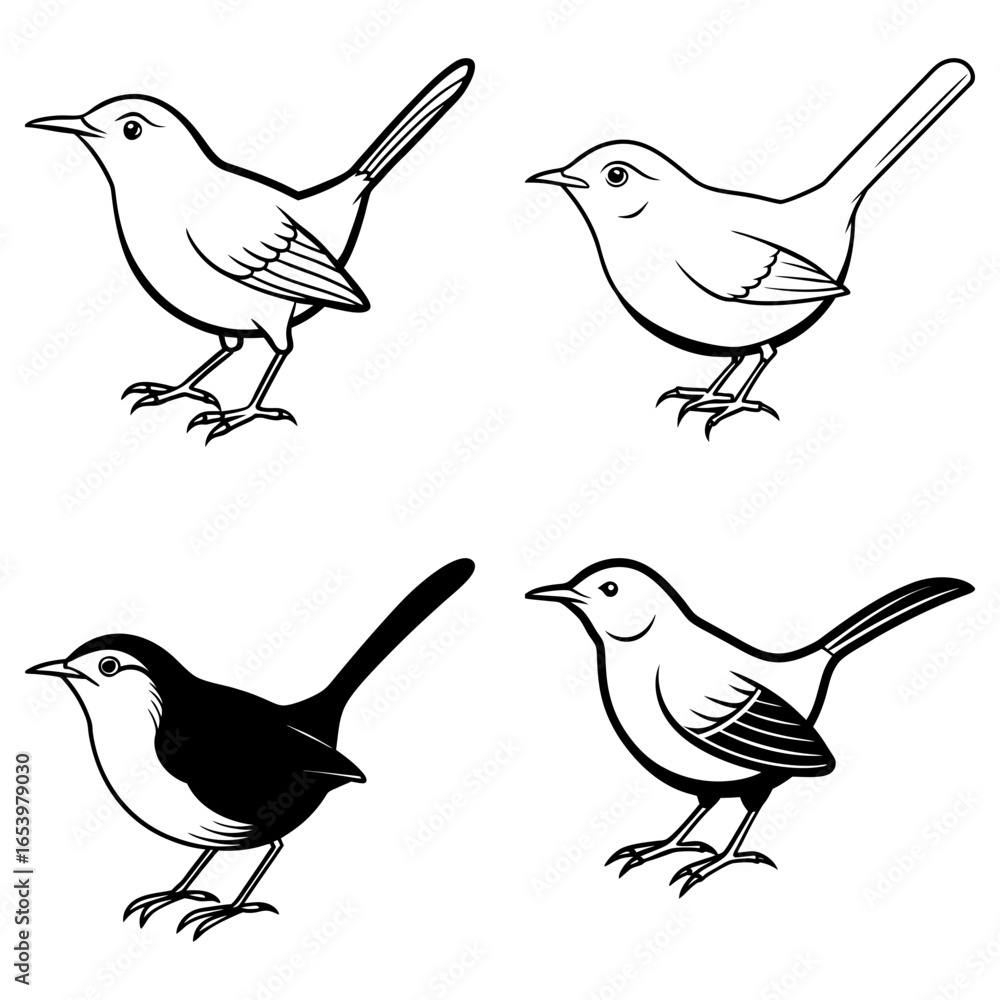 Poster four stylized birds in black and white with different poses and feather patterns on a white backgrou