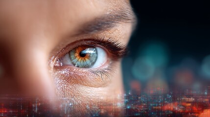 Woman's eye is shown in a blurry, colorful background. The eye is green and the background is a mix of red, blue, and yellow. The image gives off a sense of movement and energy