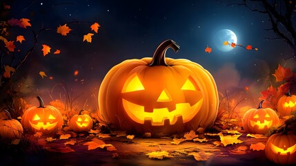 Colorful Halloween pumpkins glowing under the moonlight on a crisp autumn evening