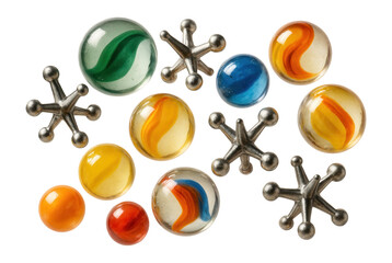 Vintage marbles and jacks, classic childhood toys.