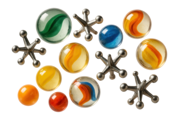 Vintage marbles and jacks, classic childhood toys.