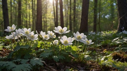 A serene cluster of white flowers blooms gracefully in a sunlit forest, surrounded by lush greenery.