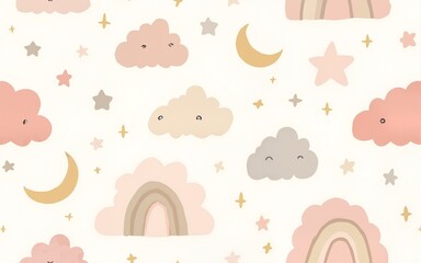 Seamless watercolor pattern with clouds, rainbows, stars and crescent moons in pastel tones pink and beige colors. Illustration of background for nursery wall art, wallpaper or baby textile designs.