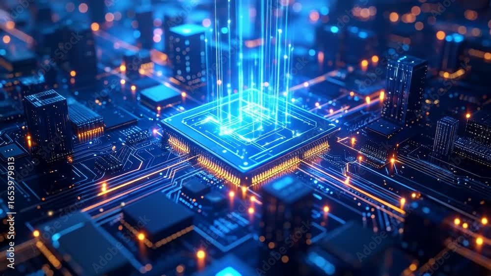 Aufkleber futuristic processor circuitry displaying data flow, representing advanced technology