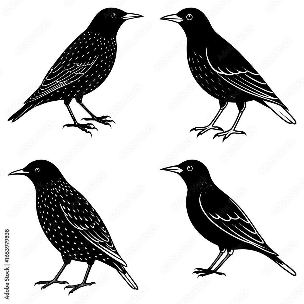 Poster four black and white starlings in various poses displaying unique feather patterns and distinct silh
