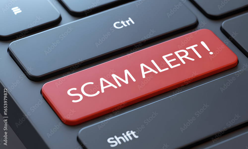 Poster close-up of a keyboard with a red key that says 'scam alert' and the key is in focus with the rest o
