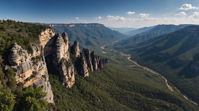 Breathtaking view of rugged mountain peaks surrounded by lush greenery and winding valleys under a clear blue sky. - Powered by Adobe