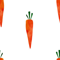 Seamless pattern of hand-drawn carrots with green stems on white background. Perfect for kids' textiles, wallpaper, packaging, or educational materials. Vibrant child-friendly illustration style