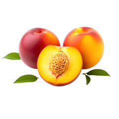 Fresh ripe peaches with green leaves isolated on a black background for healthy eating concepts transparent background