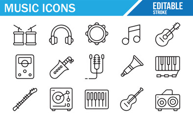 Music Icons Set Featuring Instruments, Sound Equipment, and Musical Notes for Creative Projects