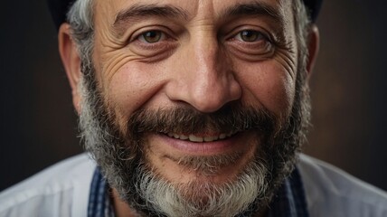 Cheerful elderly man with a beard, smiling warmly against a softly lit background.
