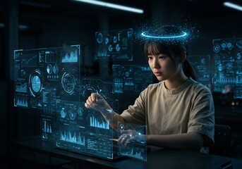 Asian Woman Interacting with Futuristic Holographic Interface with Glowing Halo