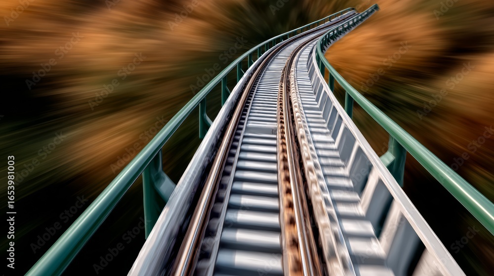 Poster train track with a green railing and a blurry background. the train is moving fast and the track is 