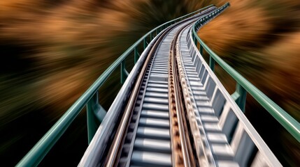 Train track with a green railing and a blurry background. The train is moving fast and the track is curved