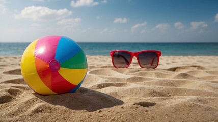 A vibrant beach scene featuring a colorful beach ball and red sunglasses resting on the golden sand.