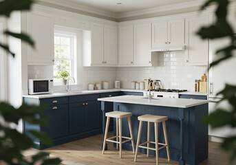 Bright Kitchen Interior with Navy Blue Island, White Cabinets, and Natural Wood Accents