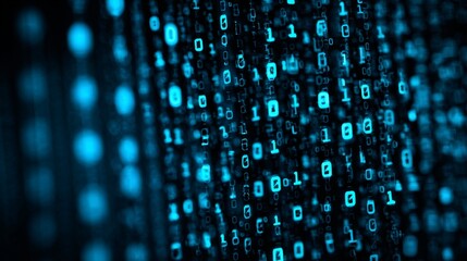 Blue digital binary code data flowing across futuristic computer screen background with glowing technology matrix and cyber programming concept
