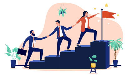 A business team of people climbing a staircase, helping each other to reach the top where a flag and a star symbolise business success, achievement, and growth, flat design vector illustration