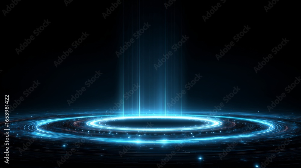 Poster blue hologram portal with glowing magic circle teleport effect, futuristic sci-fi round podium with 