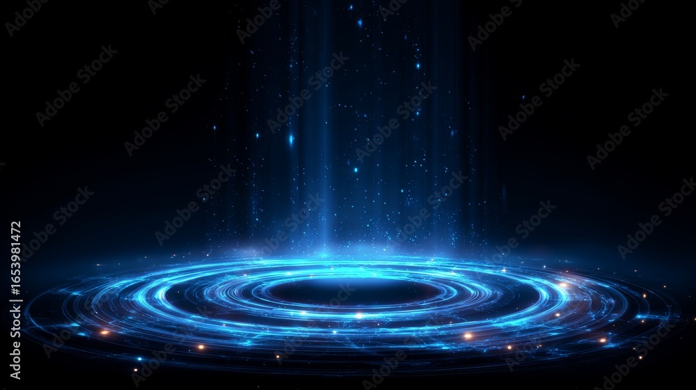 Poster blue hologram portal with glowing magic circle teleport effect, futuristic sci-fi round podium with 