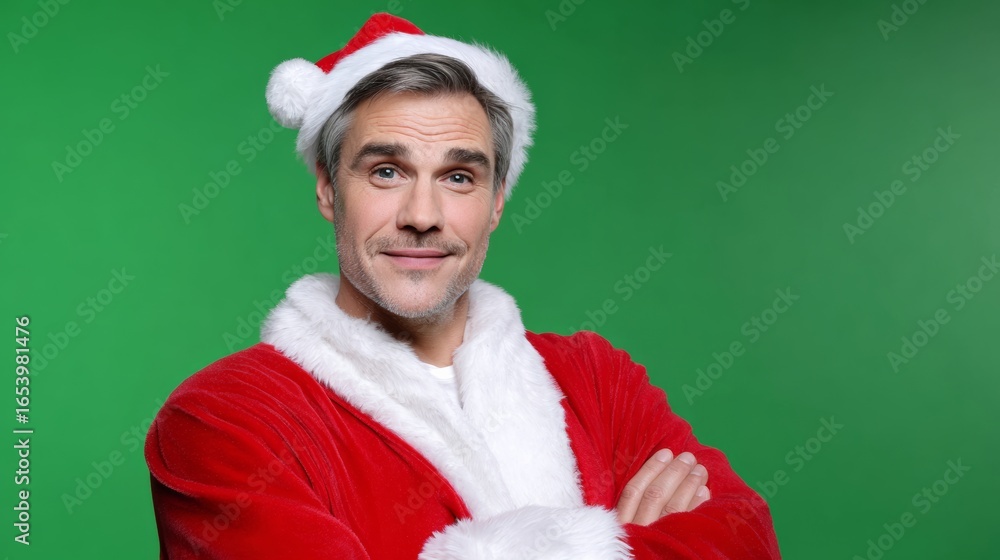 Poster man in a red santa suit is smiling and posing for the camera. the image has a festive and cheerful m