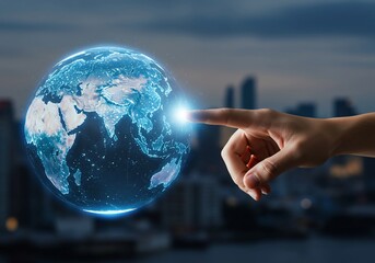 Digital Earth Globe Touched by Finger with Cityscape Background, Representing Global Connection